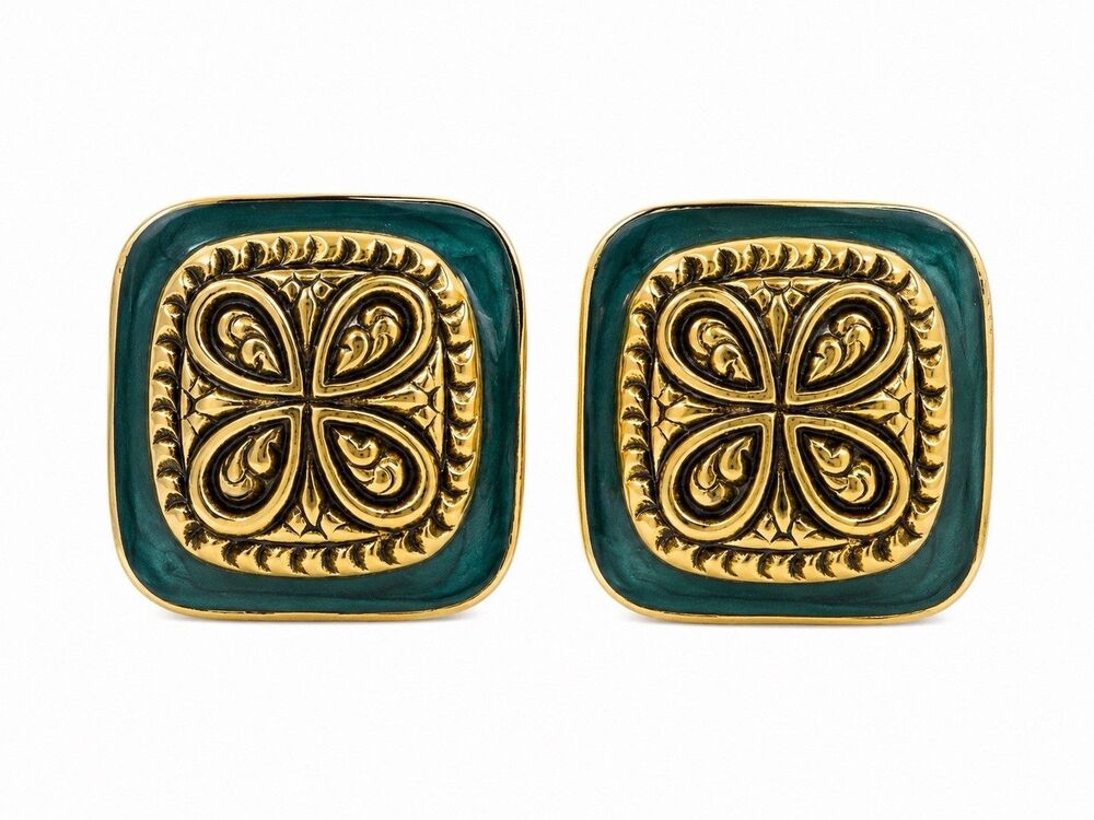 Vintage 1980s Gold Tone Teal Enamel Stud Earrings Geometric Square Quatrefoil